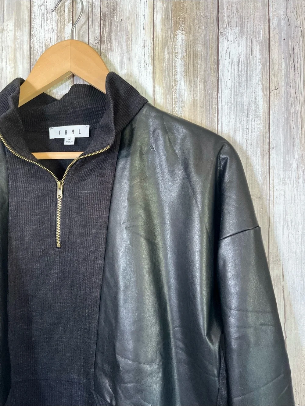 THML Faux Leather Sleeve Pullover Black Half Zip Sweatshirt Top M - Picture 4 of 5